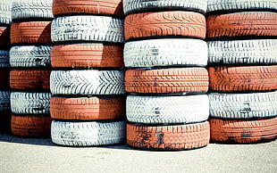 orange and white vehicle tire lot, tires, rubber HD wallpaper