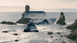 black rock formation, polyscape, sea HD wallpaper