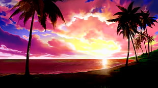 beach during sunset painting, anime, landscape