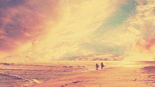 silhouette of two people in seashore painting, beach, people, sky, sea HD wallpaper