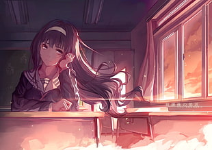 female schoolgirl sitting on desk anime digital wallpaper