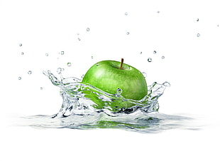 green apple fruit digital wallpaper, apples, water drops, water, white background