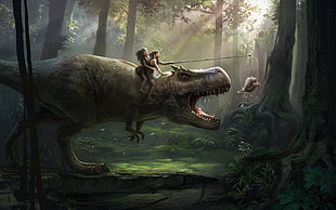 two person riding T-rex digital wallpaper, T-Rex, prehistoric, humor