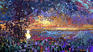 body of water pinata art ], digital art, sunset, geometry, colorful