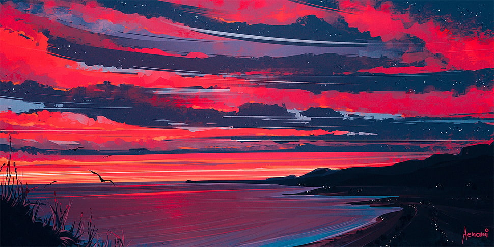 painting of beach under pale evening sky, artwork, Aenami, sunset, dusk HD wallpaper
