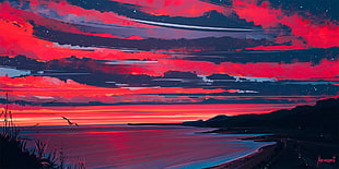 painting of beach under pale evening sky, artwork, Aenami, sunset, dusk
