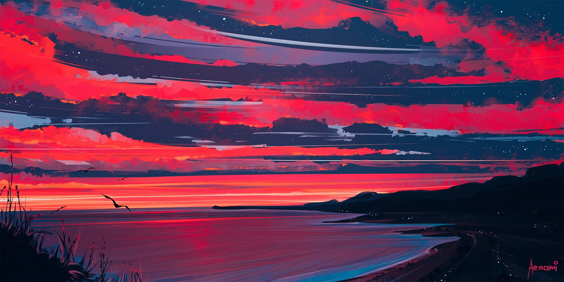 painting of beach under pale evening sky, artwork, Aenami, sunset, dusk