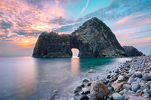 gray rock formation, rock, gates, sunset, beach HD wallpaper