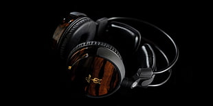 black and brown stereo headphones, headphones, music