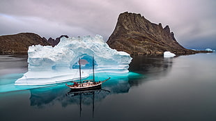 white and black sailing ship, nature, landscape, winter, snow