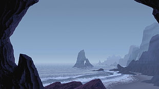 black islet, pixel art, sea, beach, rocks HD wallpaper