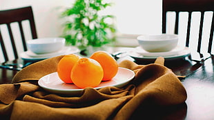 three orange fruits, fruit, orange (fruit), plates, table HD wallpaper