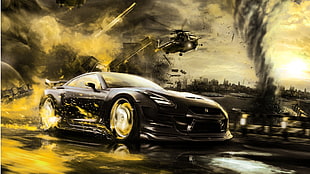 black coupe wallpaper, car, Nissan, helicopters