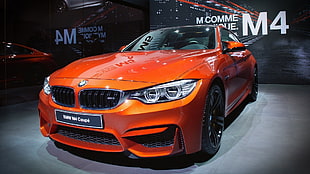 orange BMW car with text overlay, BMW, BMW M4, car