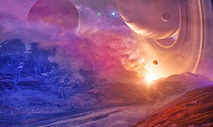 Planets illustration, space, planetary rings, planet, mountains HD wallpaper