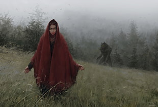 red robe, witch, werewolves, mist, forest