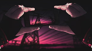 person taking photo of tower wallpaper, digital art, smartphone, hands, nature
