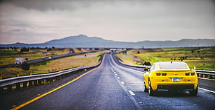 yellow Chevrolet Camaro coupe, car, landscape, vehicle, road