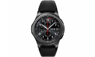 round black case chronograph watch with black strap