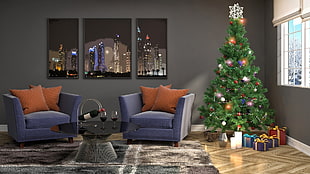 blue and brown fabric sofa set, Christmas Tree, Christmas, interior