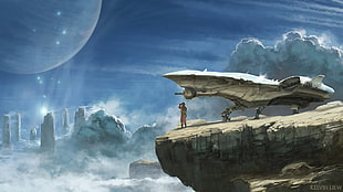 man standing on hill near spaceship digital wallpaper, spaceship, explorer, planet, science fiction