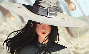 long-haired female character with hat, hat, yellow eyes, black hair, realistic