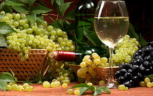 wine glass and bunch of grape fruits, wine, drink, grapes, fruit
