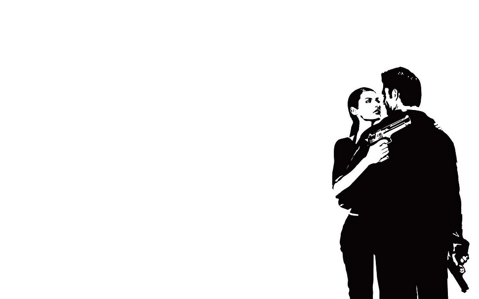 woman and man holding gun illustration HD wallpaper