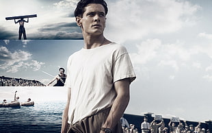 Athletic man wearing white boat-neck t-shirt while looking at the side