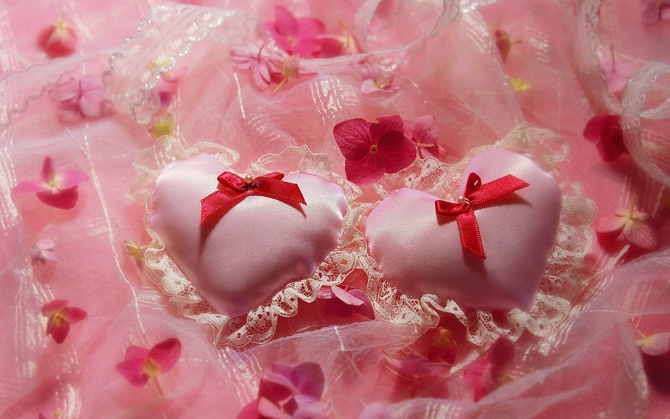 two pink heart shape ring pillow HD wallpaper