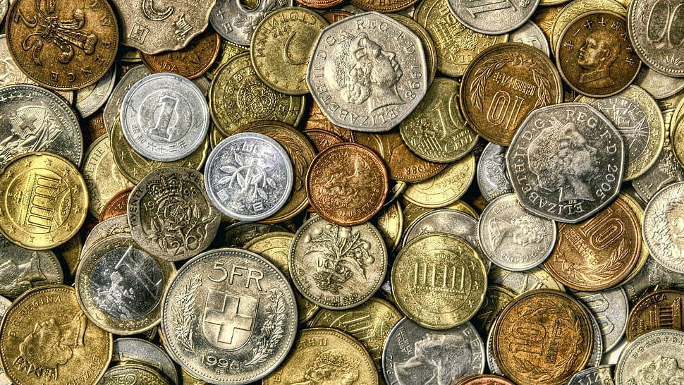 round silver-colored coin collection, money, coins HD wallpaper