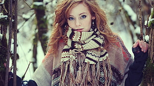 woman wearing brown tribal scarf and coat HD wallpaper