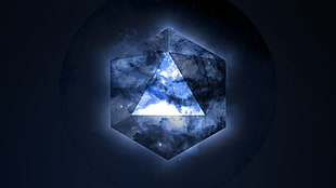 blue logo in black background, space, geometry, stars, triangle