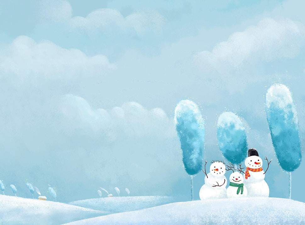 three snowman illustration HD wallpaper