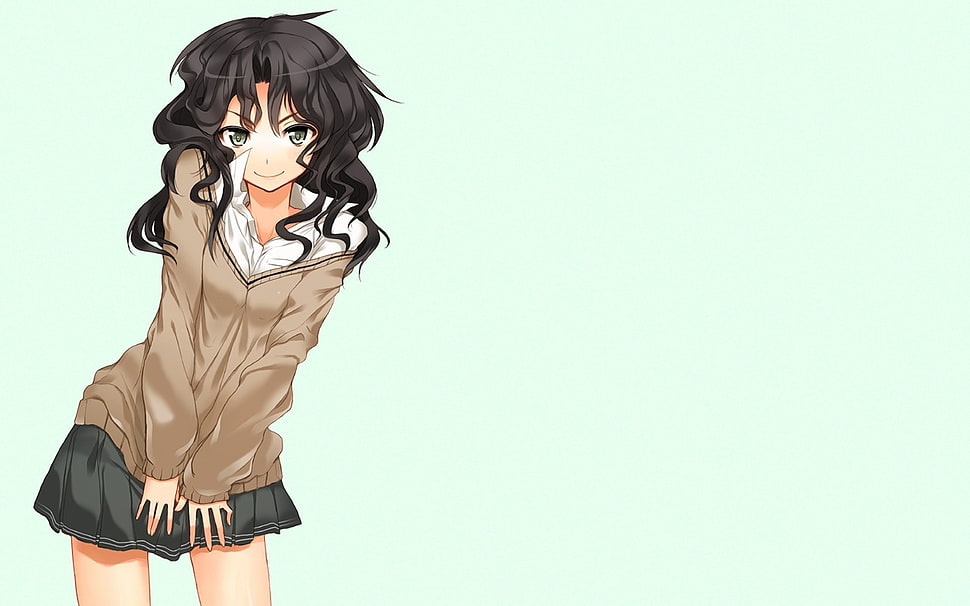 female anime character with black curly hair and brown v-neck sweatshirt and black skirt HD wallpaper