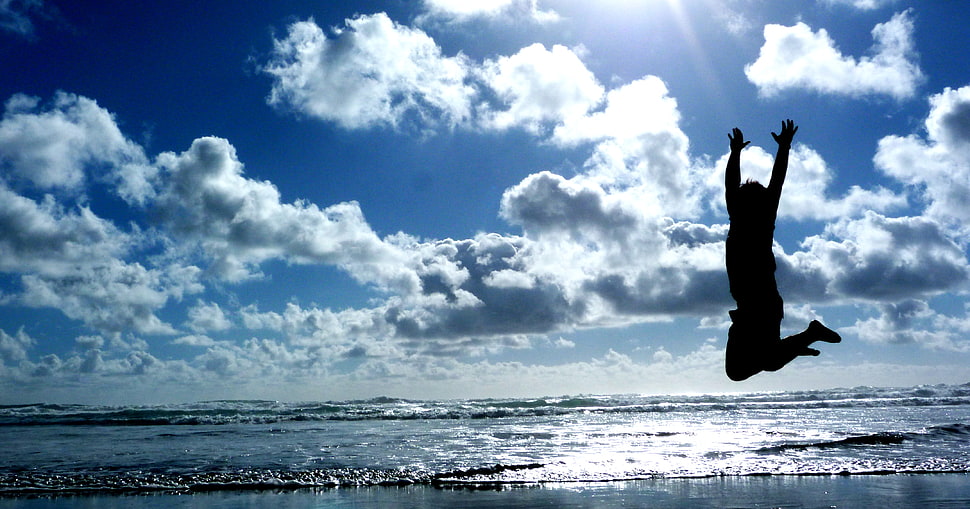 silhouette photography of  person jumping near beach shore during daytime HD wallpaper