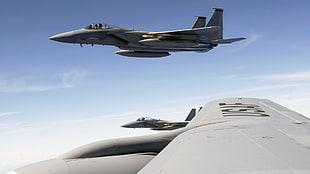 three gray fighting jets, military aircraft, airplane, jets, sky