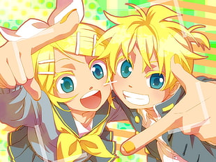two blonde hair boy and girl anime character poster