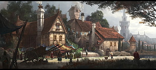 brown cartoon house illustration, artwork, villages, fantasy art HD wallpaper