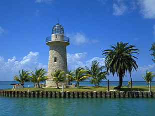 gray concrete lightouse, clouds, beach, lighthouse, palm trees
