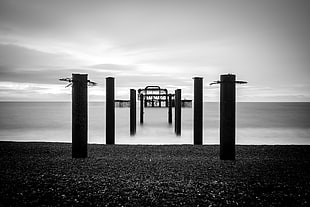 grayscale photo of columns on body of water