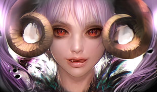 purple-haired female succubus, fantasy art, demon