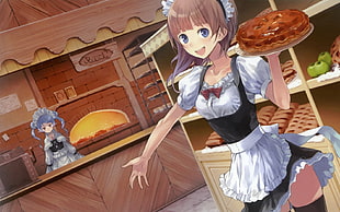 female anime character holding cake illustration