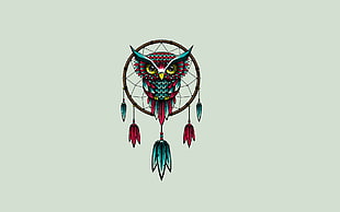 black, teal, and red owl dream catcher HD wallpaper