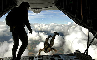 men's black skydiving suit, military, paratroopers, clouds, aircraft