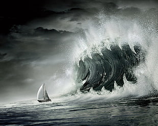 black galleon ship, digital art, waves, teeth, boat