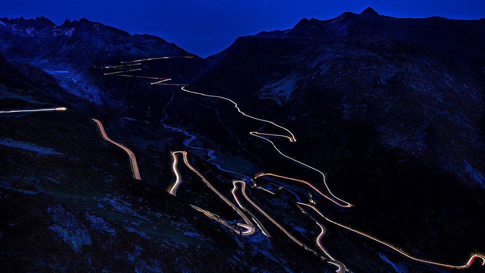 mountain road and mountain ranges, mountains, night, long exposure, road HD wallpaper