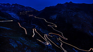 mountain road and mountain ranges, mountains, night, long exposure, road HD wallpaper