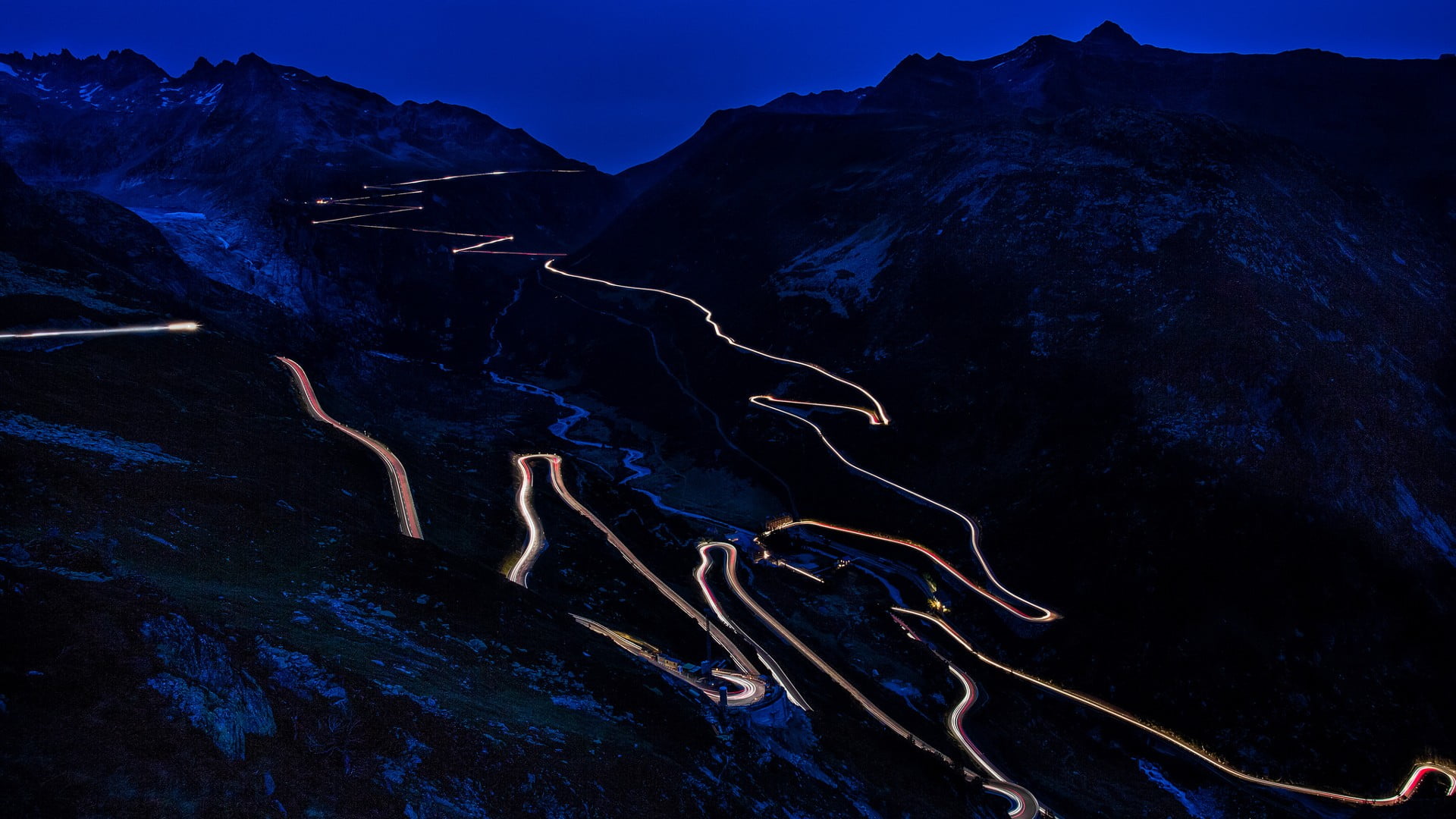 mountain road and mountain ranges, mountains, night, long exposure, road