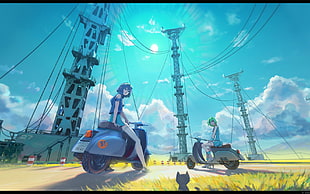 two female anime ride on scooters illustration, anime, anime girls, women outdoors, Eureka (character)